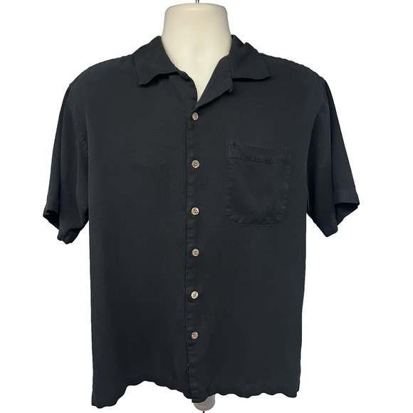 Tommy Bahama Relax Black Hawaiian Embroidered Button Up Silk Shirt Large Pocket - Picture 2 of 9